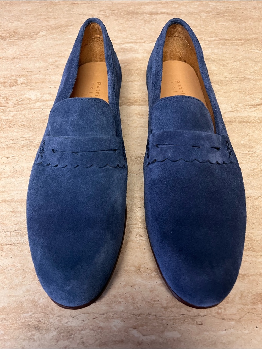 Patricia Green Navy Suede Scalloped Penny Loafers